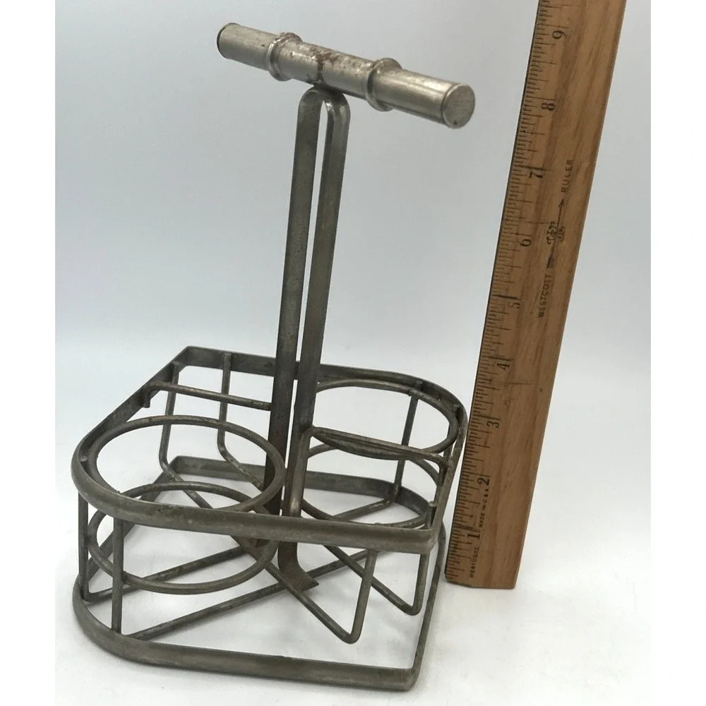 RETRO‎ VTG Metal Condiment Caddie W/Salt & Pepper Shakers & OIL VINEGAR CRUETS